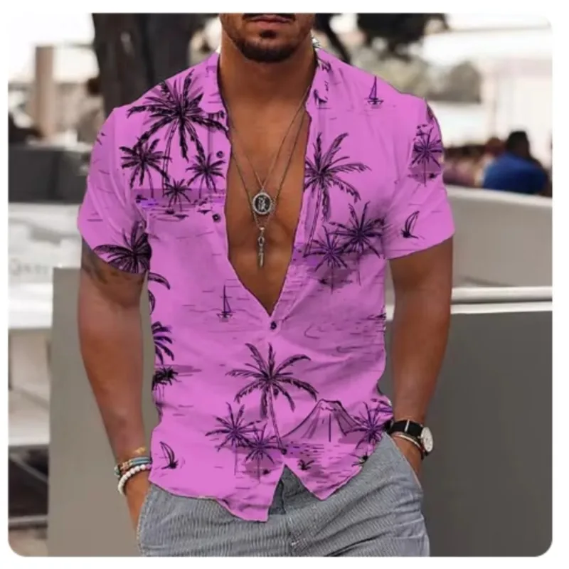 New Coconut Tree Men\'s Shirt Printed Patterns Hawaiian Shirt Beach Short Sleeve Fashion Casual Top Men\'s Cardigan Shirt Summer