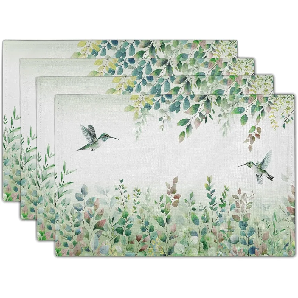 4PCs Hummingbird Placemats For Kitchen Dining, Spring Summer Sage Green Eucalyptus Leaf Herb Botanical Washable Linen Placemat