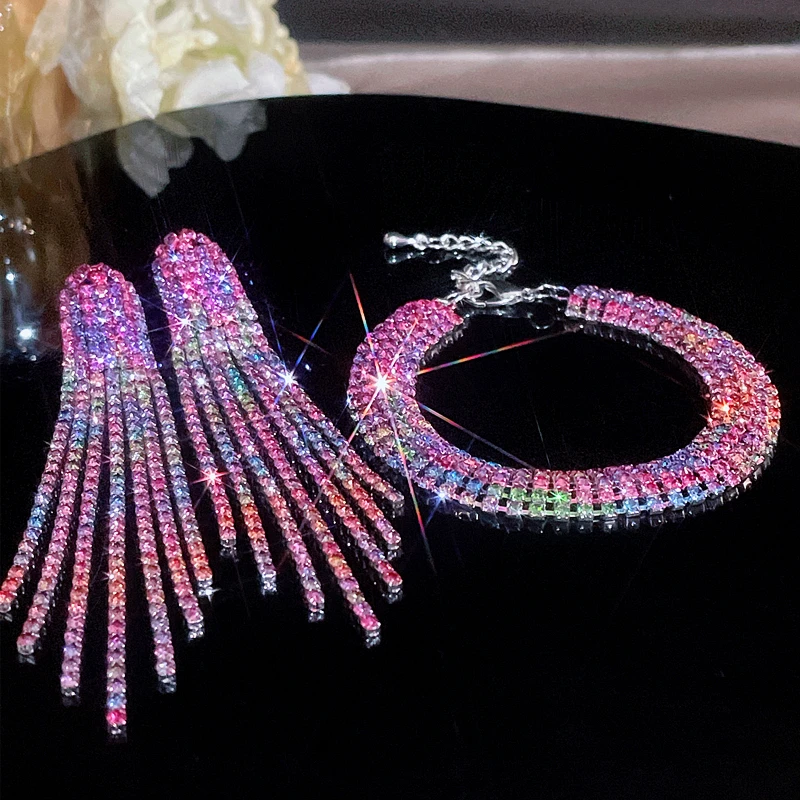 2024 New Luxury Crystal Bridal Jewelry Set Silver Plated Rhinestone Bracelet and Earrings Tassel for Women Wedding Accessories