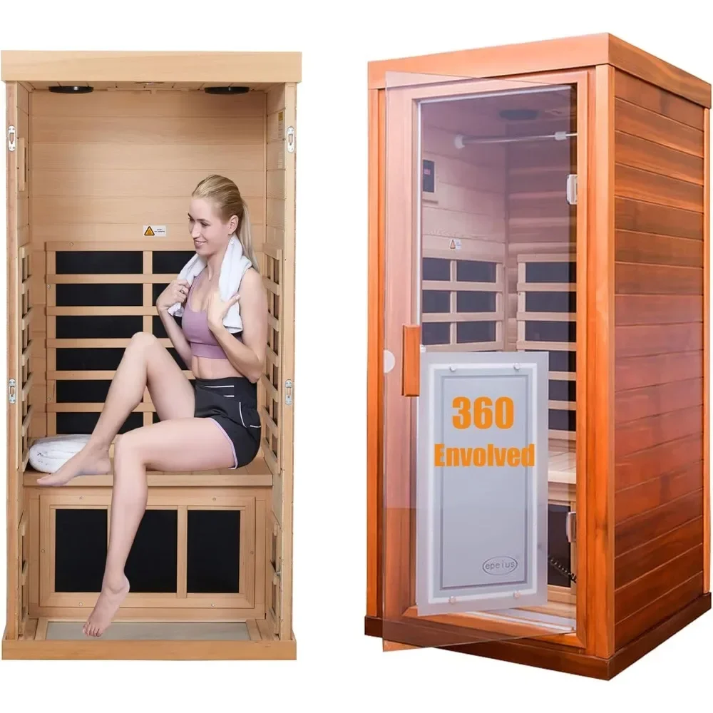 Far Infrared Wooden Sauna Red Cedar, 1-Person Size, with 1350W, 8 Low EMF Heaters & 2 Bluetooth Speakers,Saunas