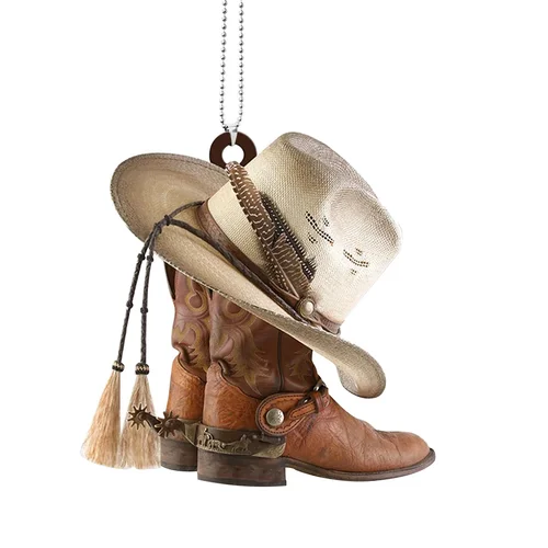 Colgante para espejo retrovisor, cabestrillo acrílico, bota de vaquero, sombrero, accesorios para coche, adorno, regalo, decoración artesanal