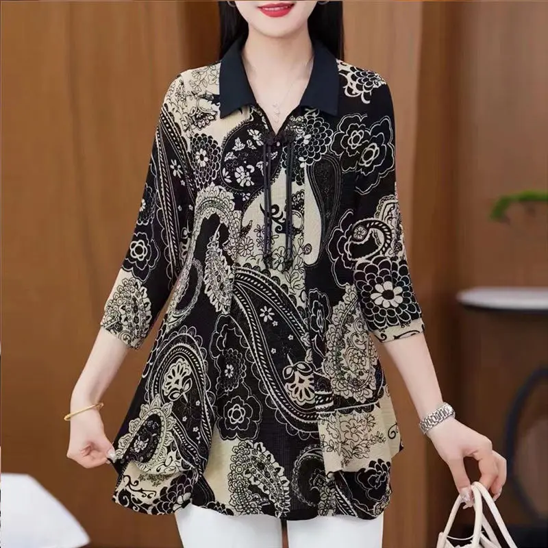 Folk Printed 3/4 Sleeve Blouse Fashion Chinese Disc Buckle Summer Turn-down Collar Female Clothing Loose Vintage Spliced Shirt