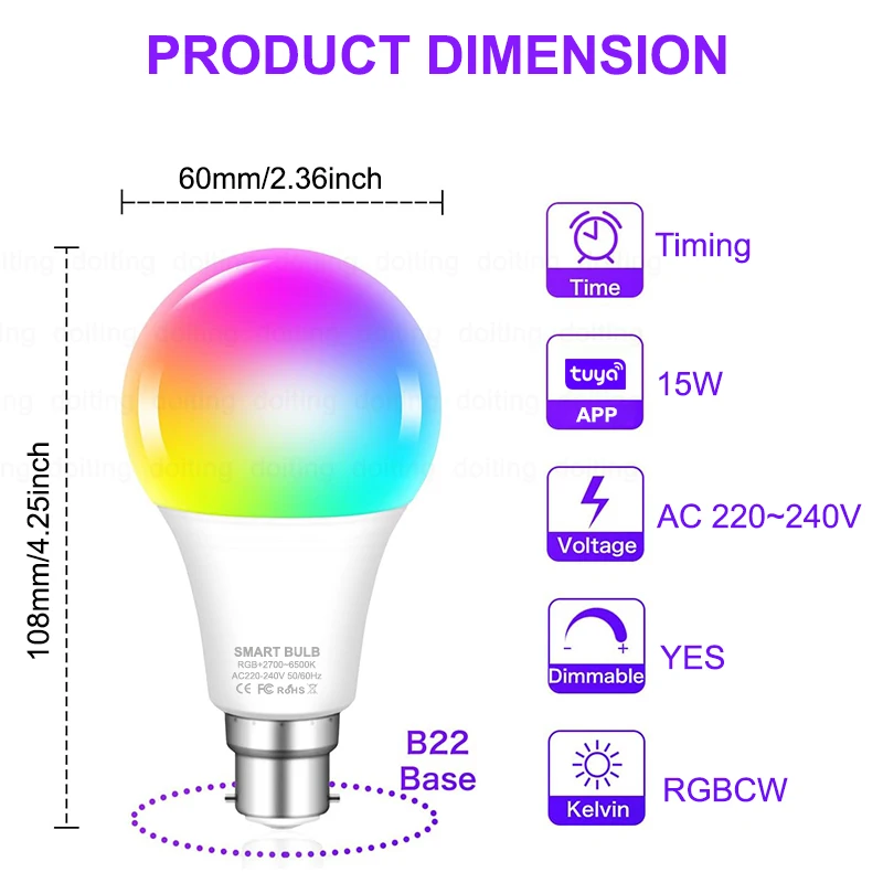 Colour Changing Light B22 Tuya Bluetooth APP Control 220V LED Bulbs  Dimmable RGB White RGBCCT 16 Million Smart Life