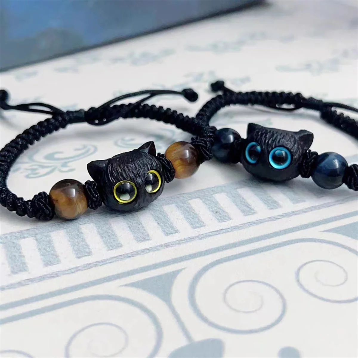 Cute Cat Adjustable Bracelet for Children Imitation Wood Crystal Braided Fashion Jewelry Trendy Cat Accessory for Friends