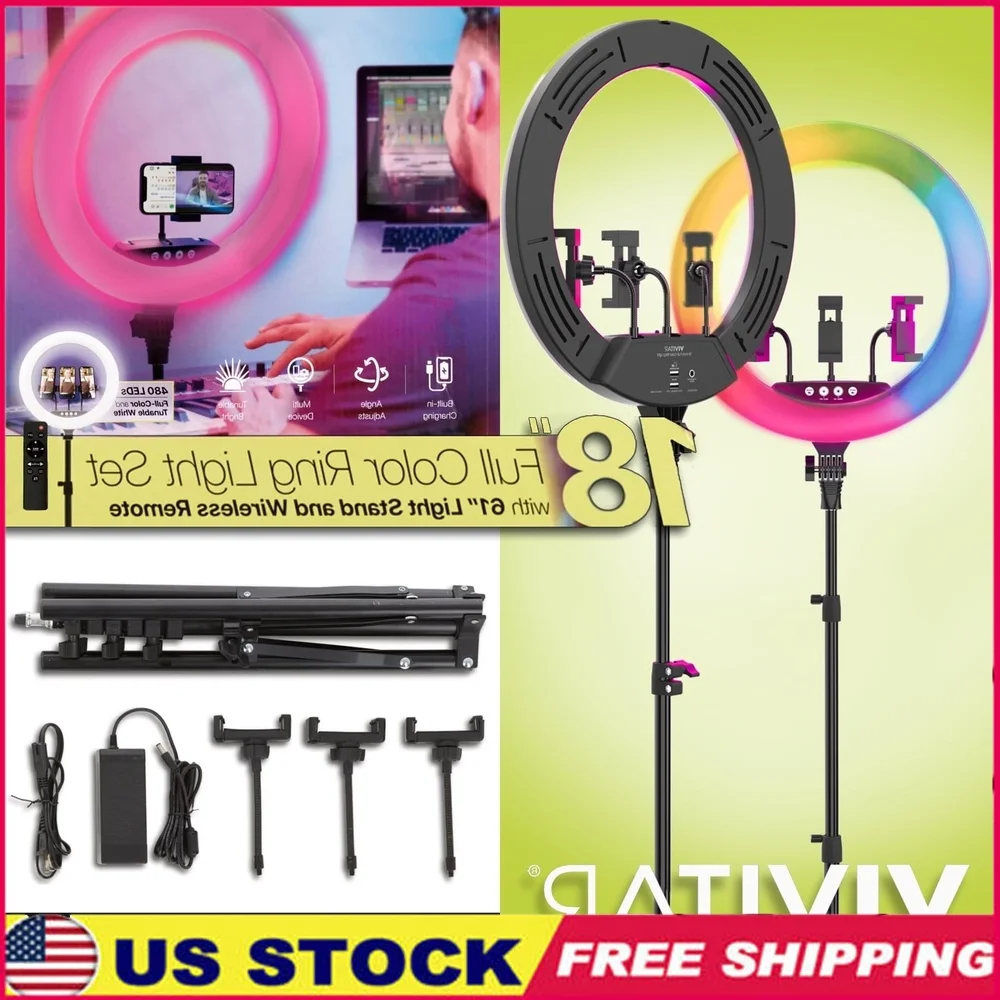 

18 Inch LED RGB Ring Light Kit with Tripod Phone Holder Wireless Remote Dual USB Charging Ports Vlogging Streaming Photography