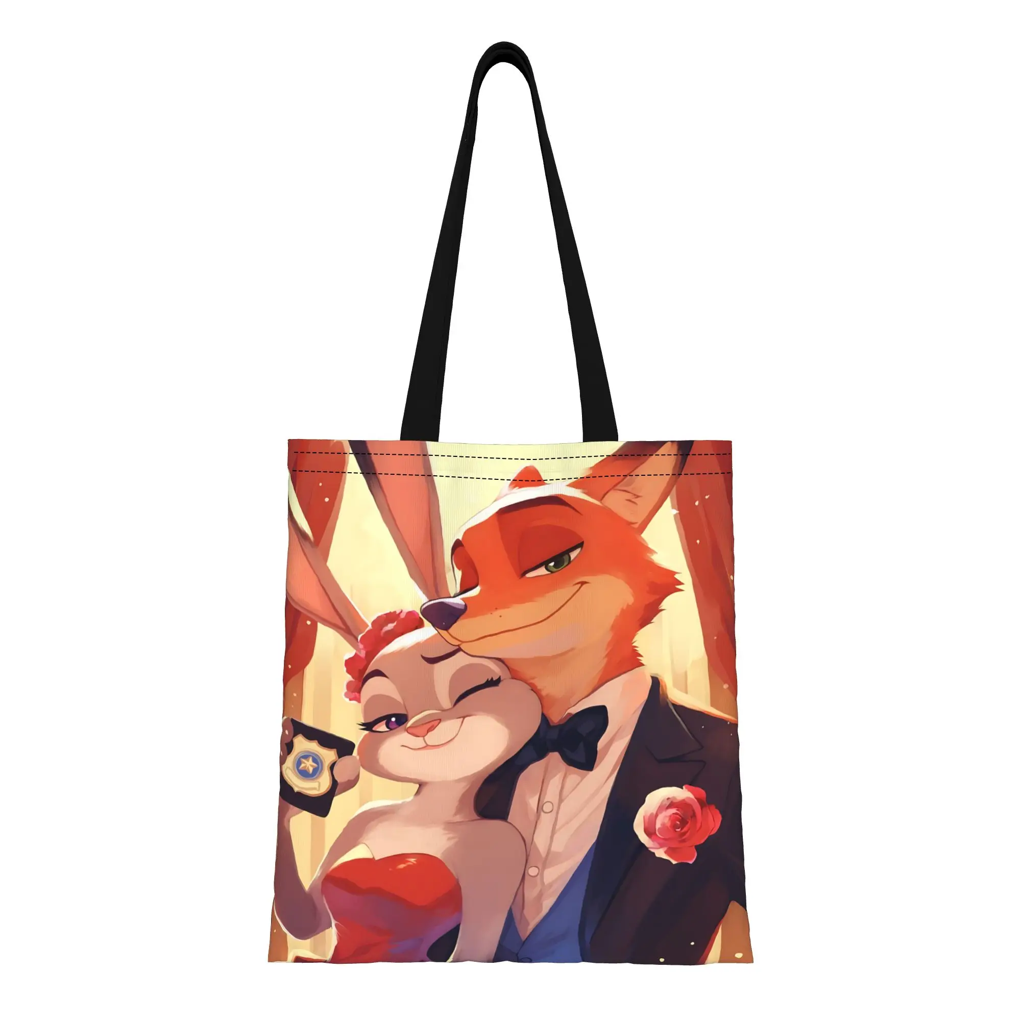 

1 шт., многоразовая двусторонняя холщовая сумка-тоут на День святого Валентина с изображением Диснея и героев «Зоотопии 2», стильная сумка через плечо с Джуди и Ником