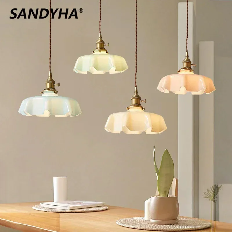 

SANDYHA Retro Cream Copper Glass LED Chandelier Pendant Lights for Bedroom Kitchen Dining Table Bedside Lampara