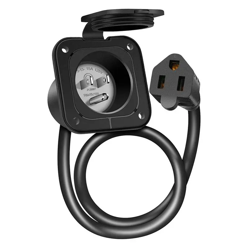 

AEE8-15 Amp 125V AC Power Inlet Port Plug With Integrated 18 Inch Extension Cord, NEMA 5-15 RV Flanged Inlet US Plug