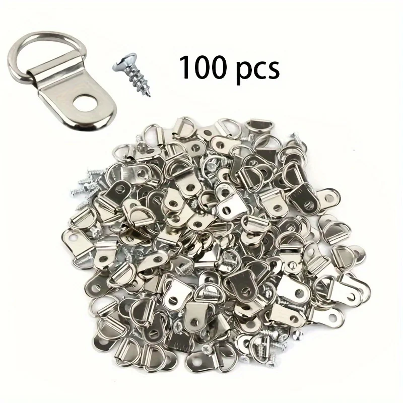 100Pcs D-Ring Picture Frame Hanging Hooks with Screws, Double Hole Triangle D Hanging Buckles, Metal Hardware Accessories for Ph
