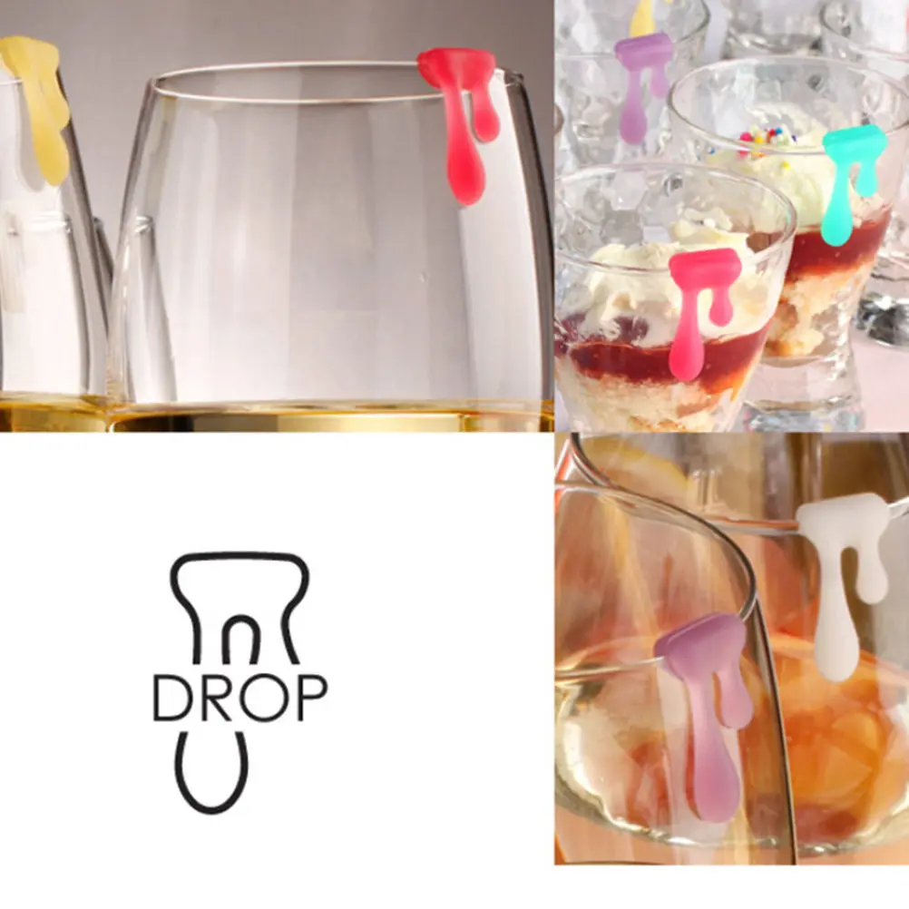6Pcs Low Carbon Silicone Glass Identifier Markers Water Drop Style Easy Clean Wine Cup Sign for Social Parties Red Wine Marker