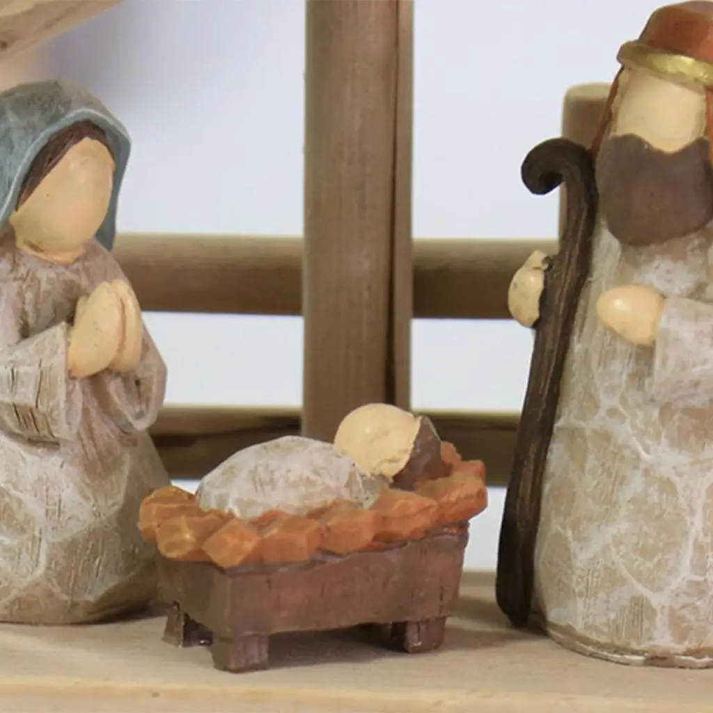 Wood Resin Christmas Nativity Scene Figurines Jesus Manger Decor Handcrafted Home Ornament Catholic Gift for Fireplace