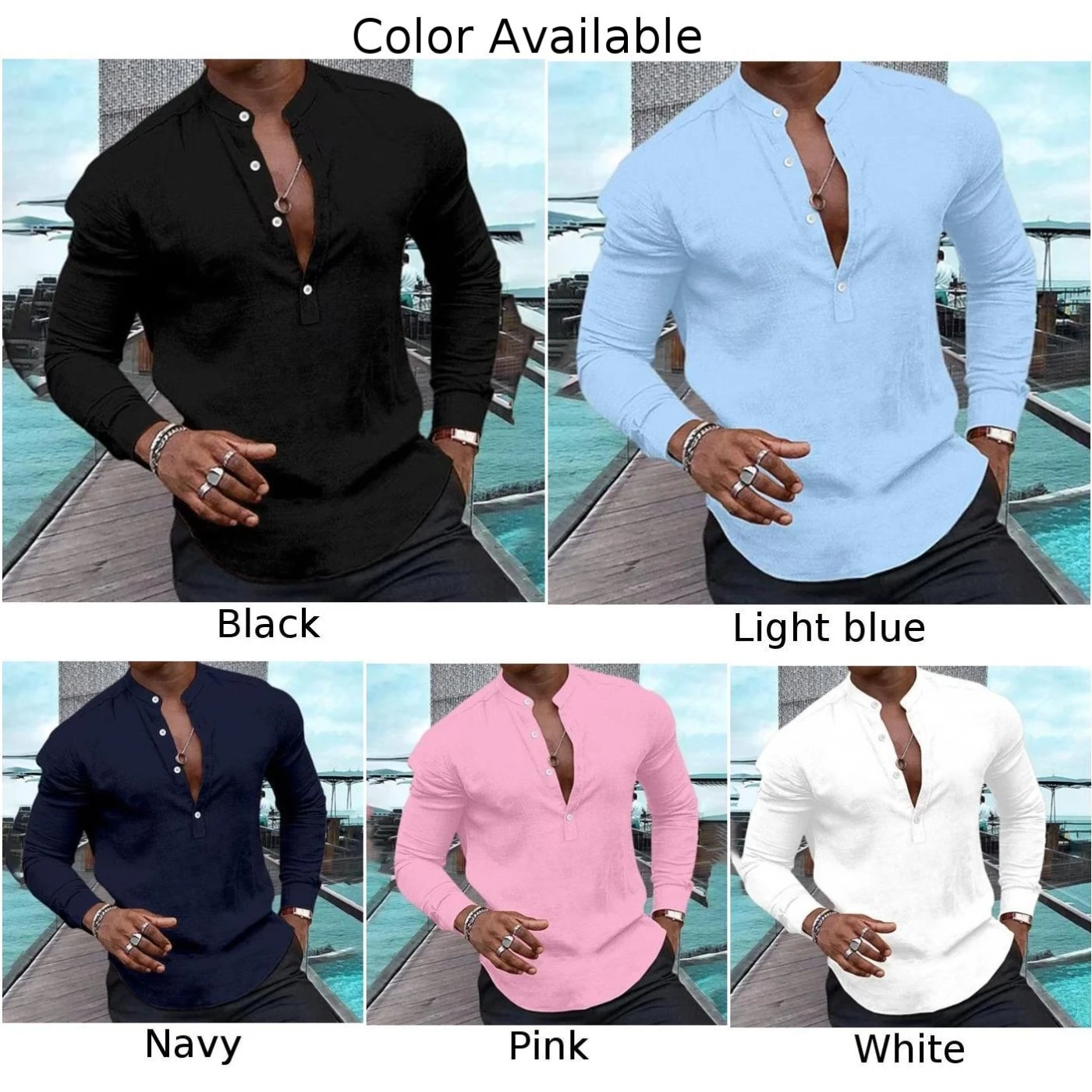 Camicia casual da uomo a maniche lunghe abbottonata Camicetta con scollo a V Henley T-shirt stile classico per ogni occasione