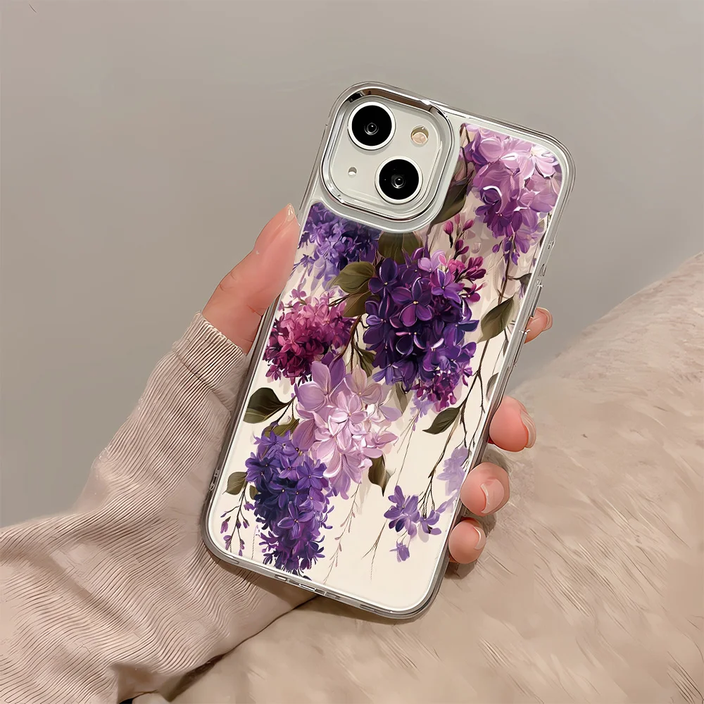 

Purple Flowers Clear Case For IPhone 16 16E 15 14 Plus 12 11 13 Pro Max XR XS 7 8 Plus Soft With Metal Lens Ring Cover Case