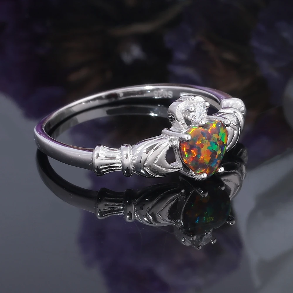 CiNily Rainbow Fire Opal Love Rings Solid 925 Sterling Silver Heart Irish Ring With Stone BOHO Jewelry Woman