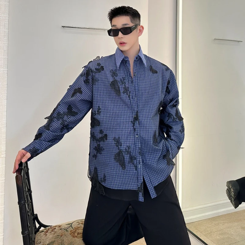 LUZHEN New Personalized Butterfly Patchwork Design Long Sleeve 2025 Shirt Men's Fashion Elegant Plaid Printer Casual Tops JY5548