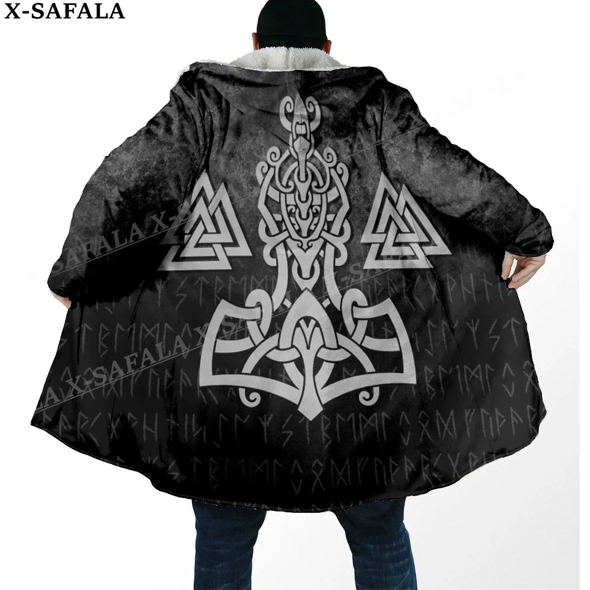 Norse Mythology Vegvisir Viking Symbol Thick Warm Hooded Cloak Men Overcoat Coat Windproof Fleece Cape Robe Hooded Blanket-1