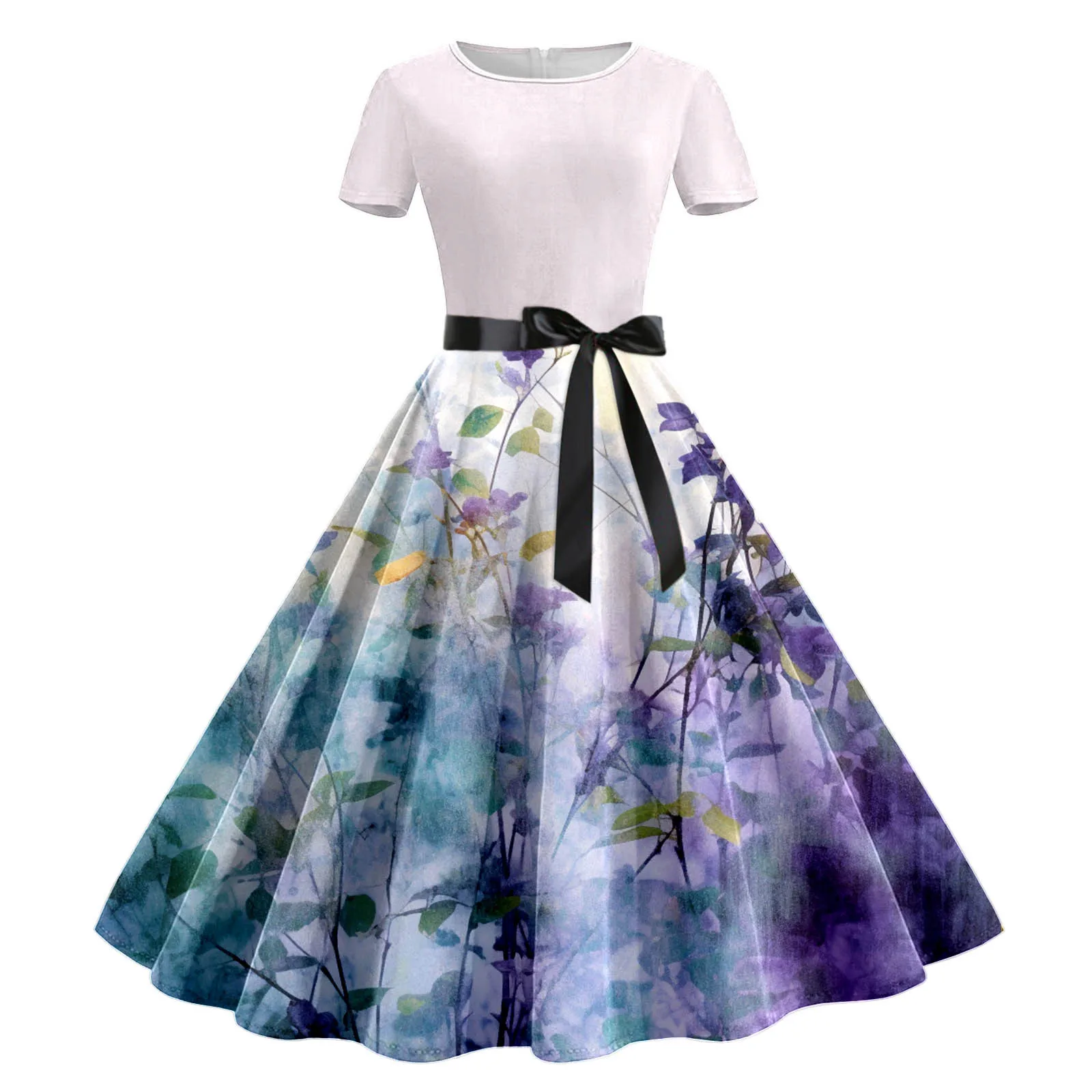

Womens Summer Round Neck Short Sleeve Print Vintage Rockabilly Swing Dress Cocktail Prom Party Dress Vestidos Backless