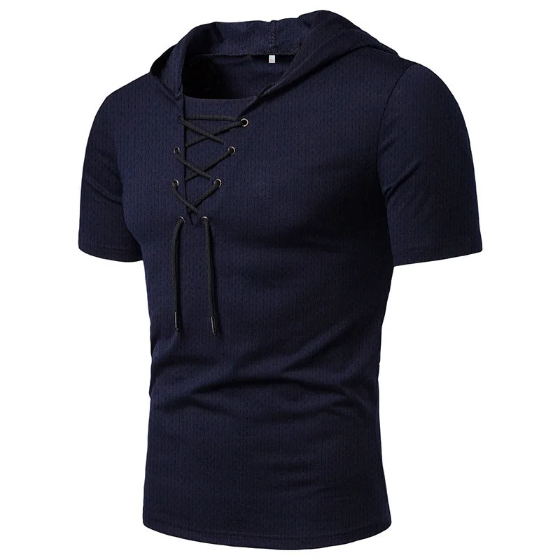 2024 Men T Shirt Summer Personality Hooded Tees Lacing Short Sleeve T-Shirt Homme Slim Fit Sportwear Clothing Mens Tshirt