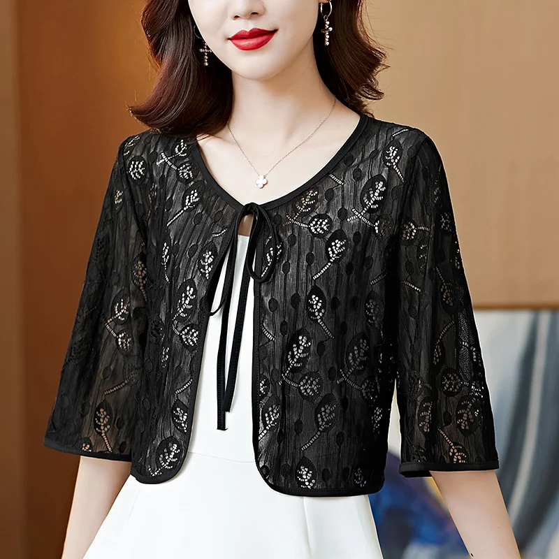 #5313 Black White Suncreeen Jacket Women Thin Perspective Hollow Out Lace Coat Female Half Sleeve Cardigan Kimono Jacket Summer