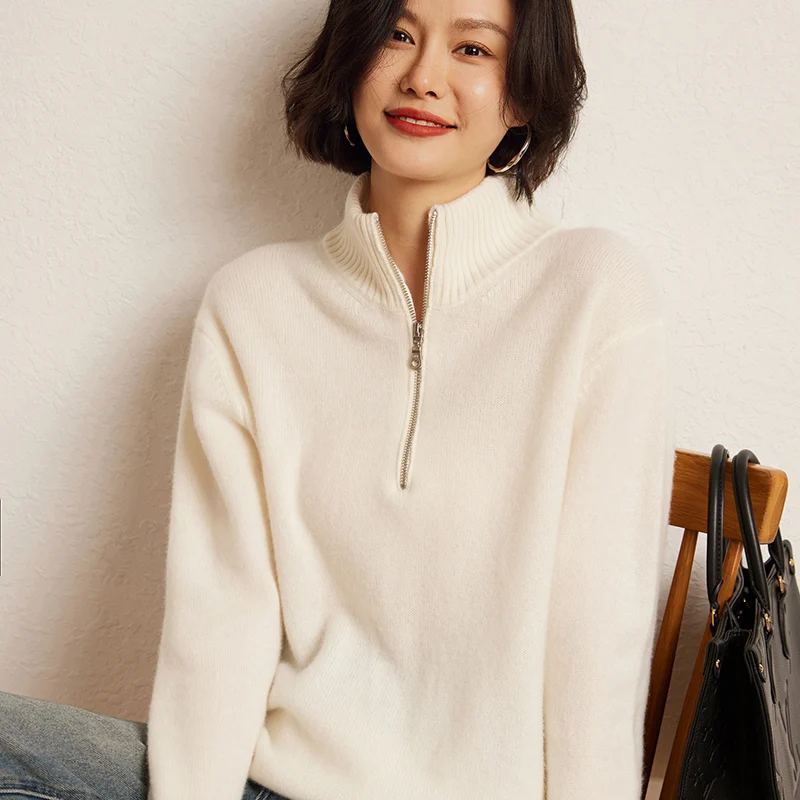 High-quality Autumn Winter Women\'s 100% Cashmere Sweater Half High Collar Fashion Thicken Tops Female Loose Solid Knit Pullover