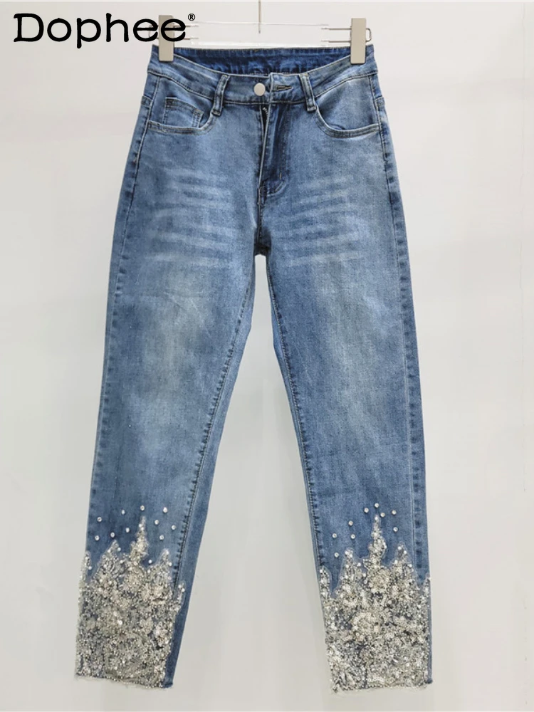 

Heavy Industry Beads High Waist Jeans for Women 2024 Spring Autumn New Blue Trousers Sequined Lace Flowers Stretch Feet Pants