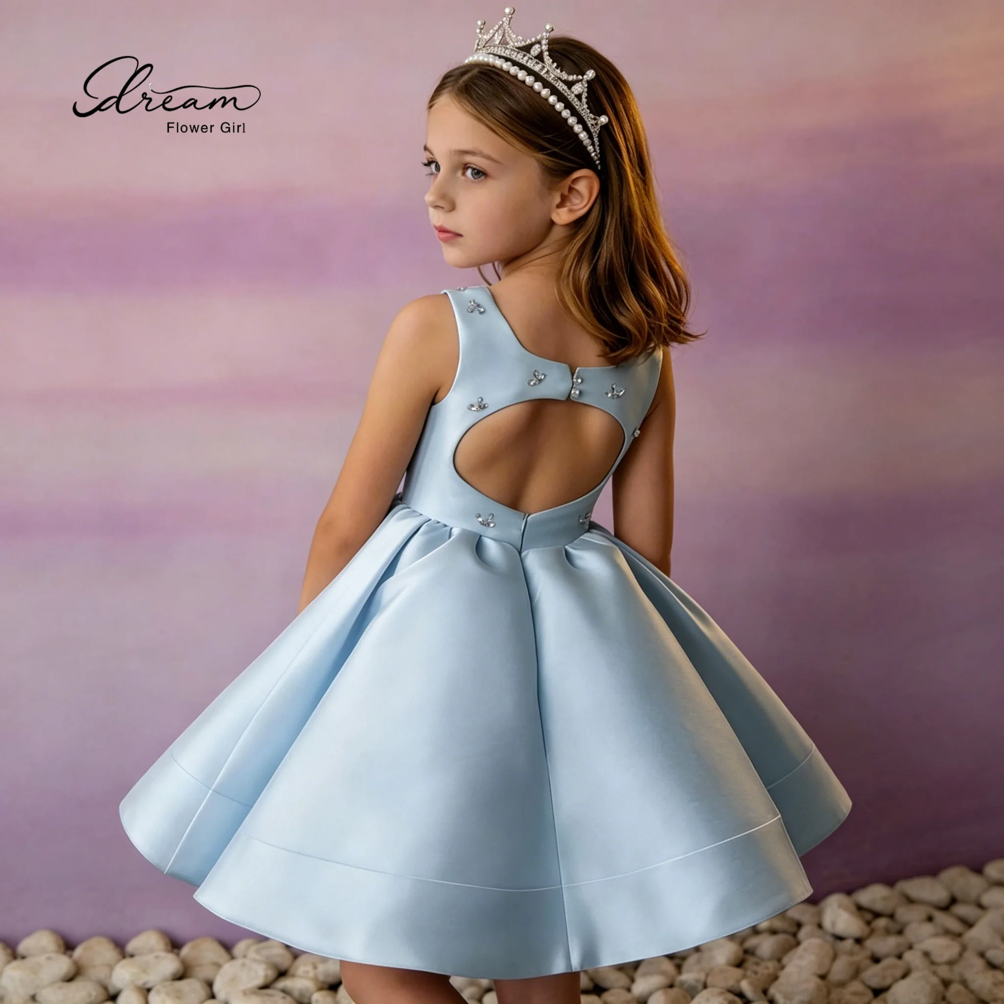 Classic flower girl blue satin strapless backless knee-length diamond-encrusted evening gown