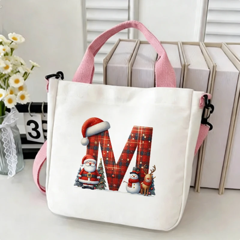 Santa Reindeer Print 26 Letter A-Z Canvas Tote Bag Women Christmas Party Casual Daily Shopping Hand Shoulder Crossbody Bag