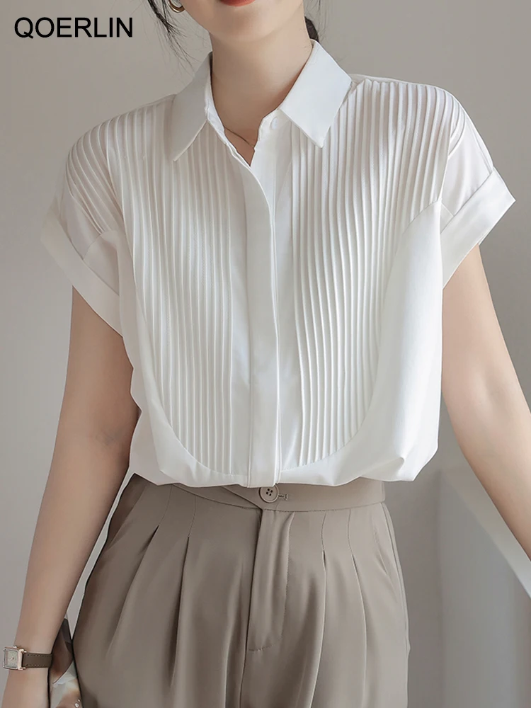 QOERLIN Summer Flying Sleeve White Shirts Women 2023 Turn-Down Collar Single-Breasted Blouse Female OL Elegant Button Up Blouses