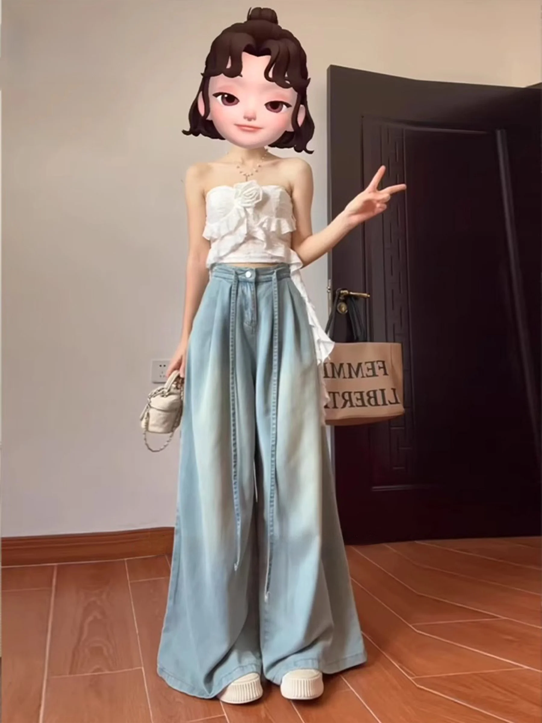 

High Waist Wide Leg Denim Jeans Women's Summer Thin Loose Lazy Style Small Size Straight Floor-Length Pants Silk Material