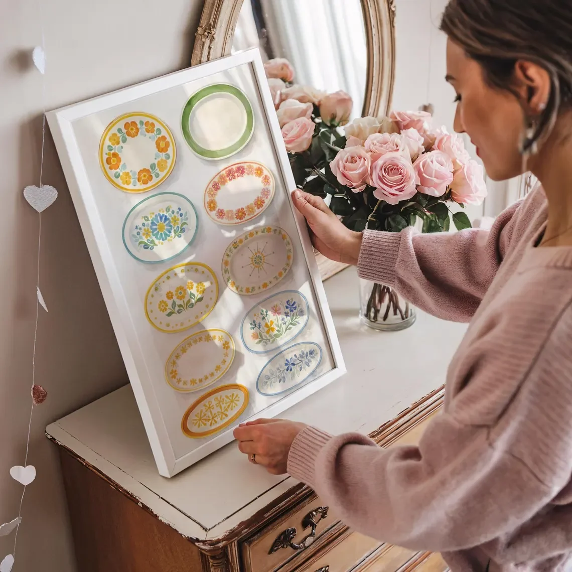 Charming Vintage Platter Watercolor Wall Art - Serene Print Celebrating Retro Tableware. The Soft Watercolor Style and Vibrant F