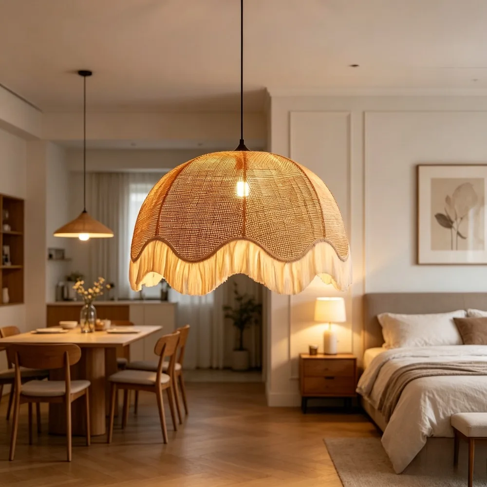 Japanese Wabi Sabi E27 Rattan Weaving Pendant Light Dining Room Droplight Decor Home Chandelier Bedroom Restaurant Lamp Fixtures