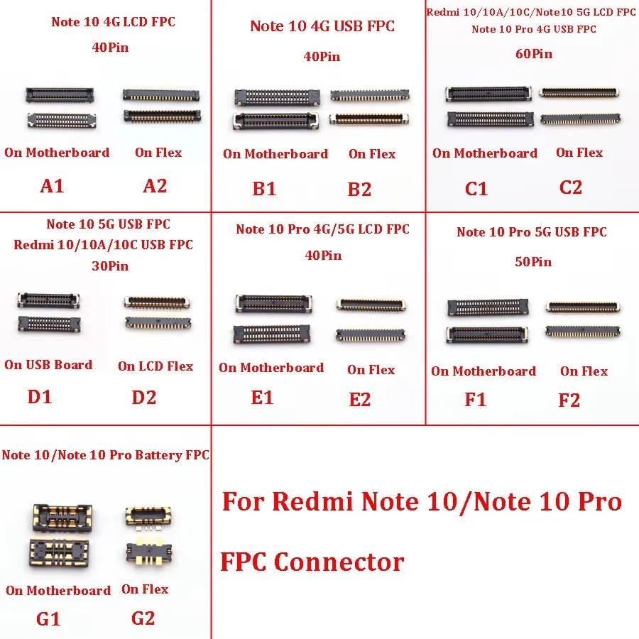 2pcs 30 40 50 60 Pin LCD Screen Usb Charging Battery FPC Connector On Board For Xiaomi Redmi 10/10A/10C/Note 10 Pro 4G/Note10 5G