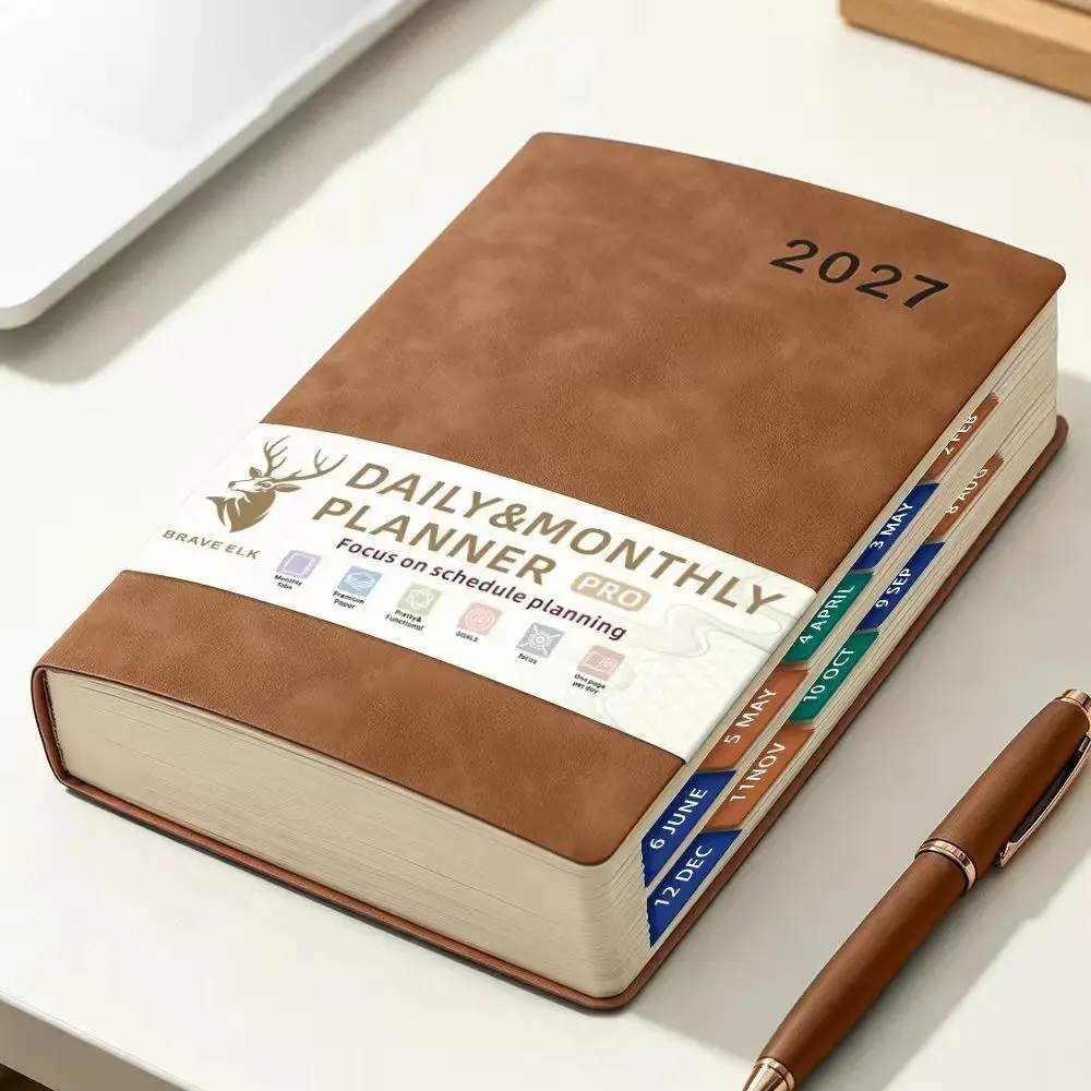 English 2027 Schedule Planner Notepad Wear-resistant Efficiency A5 Agenda Planning Notebook with Sticker Leather Cover