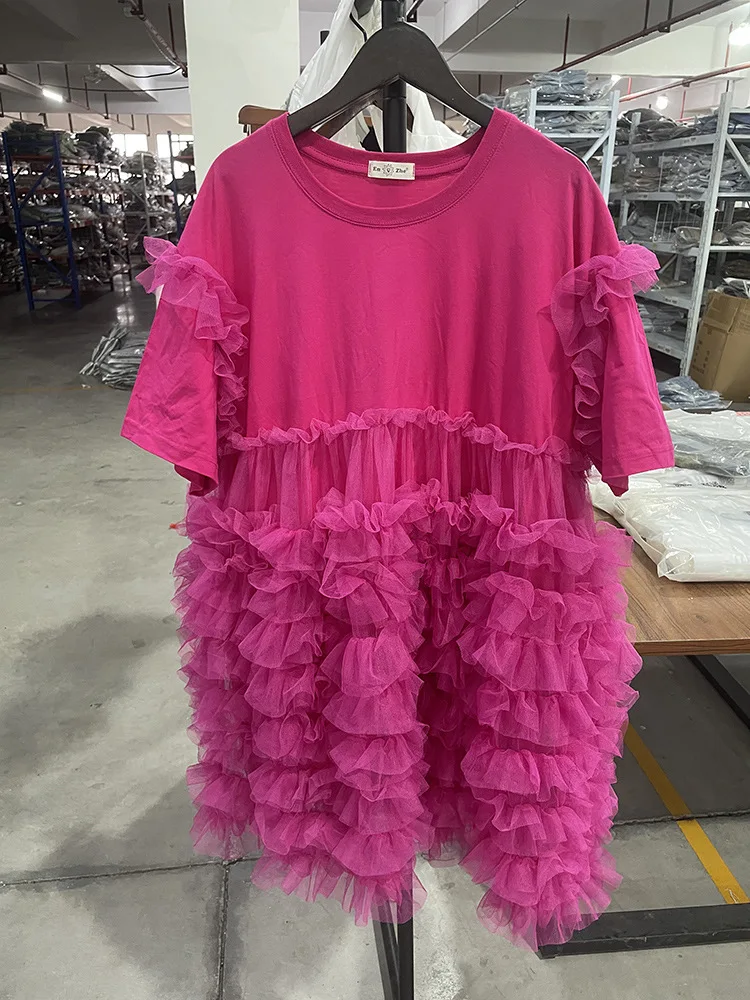 ผู้หญิงตาข่าย Spliced Ruffles ยาวเสื้อยืดกระโปรงปุยหลวมจีบ Tees ชุดแขนสั้นเส้นด้ายสุทธิ Ruched Tops Vestidos