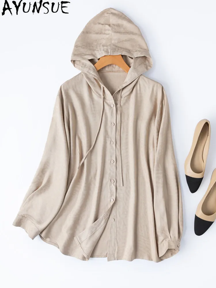 

Tcyeek 100% Real Mulberry Silk Shirt Women Summer Clothes Elegant Womens Shirts Long Sleeve Top Women Hooded Блузка Женская