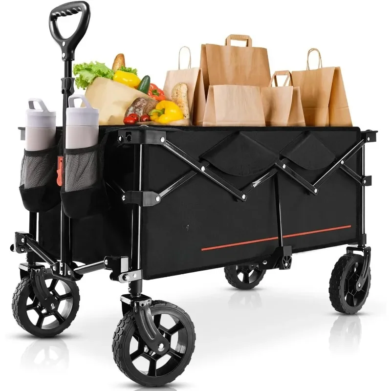 Collapsible Folding Wagon,Wagon Cart Heavy Duty Foldable with Two Drink Holders,Utility GroceryWagon for Camping Shopping Sports