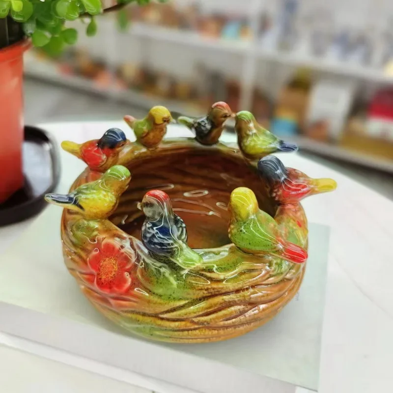 Ceramic Handicrafts Kiln-changed Glaze Storage Tank Pen Holder Dry Flower Pot, Eight Magpies and Frogs Decorative Figurine