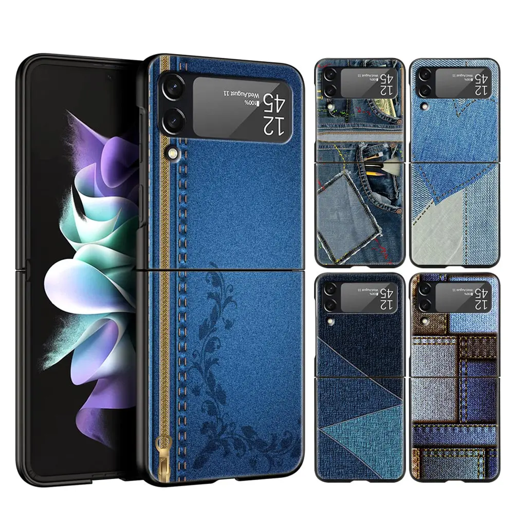 Leather Cloth Pattern Hard PC Phone Case For Samsung Galaxy Z Flip 7 6 5 4 Black Cover For Galaxy Z Flip 3 Foldable Fundas Shell
