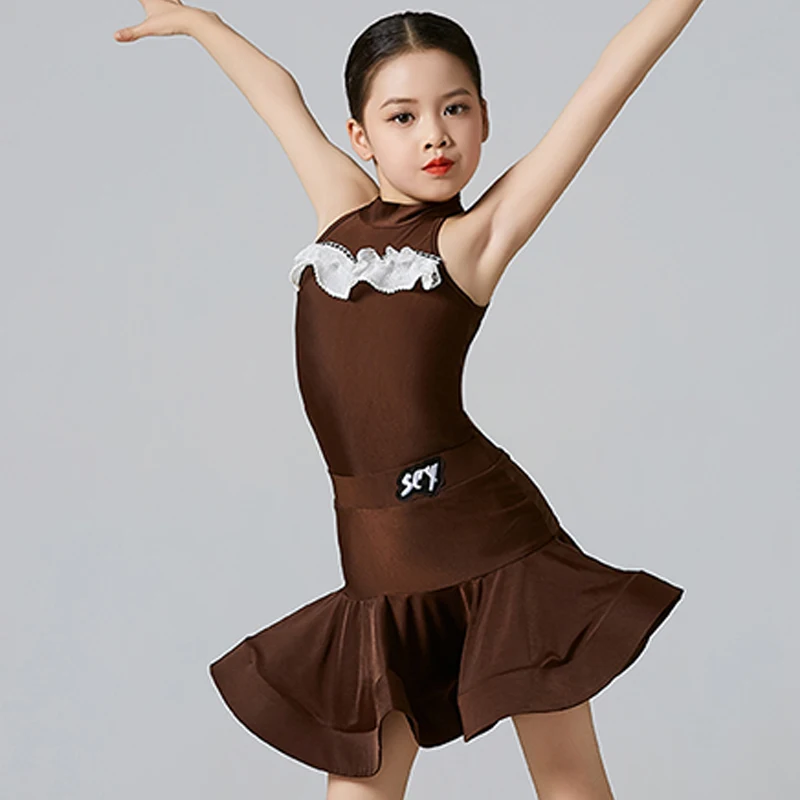 Vestiti da ballo latino per ragazze Costume da spettacolo professionale estivo senza maniche vestito marrone pratica bambini Dancewear DNV20188