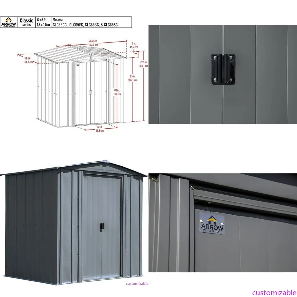 سقيفة تخزين فولاذية كلاسيكية على شكل سهم، 6 × 5، لمسة نهائية من الفحم