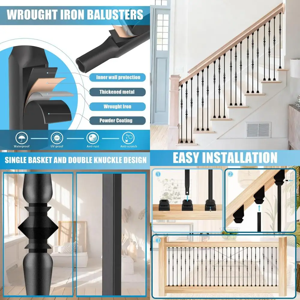 10 Pack Staircase Iron Balusters - 1/2 Hollow Square Metal Spindles with Single and Double Spoon Designs, Set of 10 Flat & 10 An