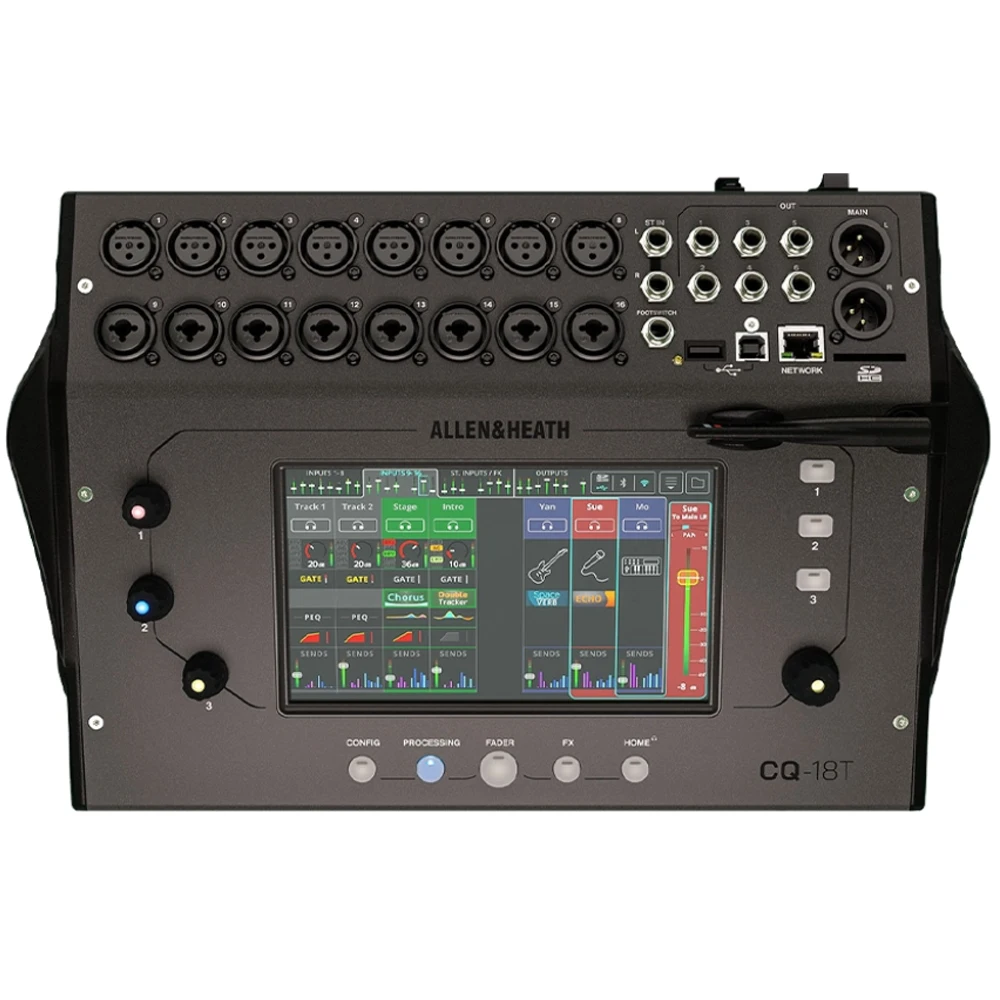 Console mixer digitale Allen & Heath CQ-18T con touchscreen da 7", connettività Wi-Fi e Bluetooth per audio da palco dal vivo