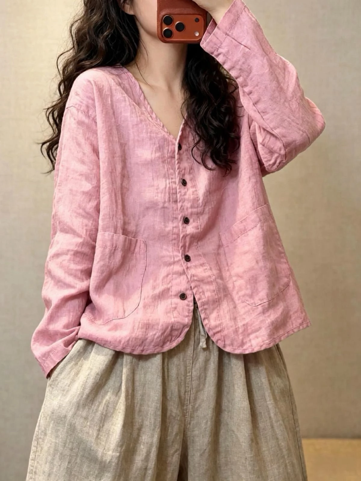 Casual Loose Cotton Linen Women's Shirt V-Neck Long Sleeve Breathable Comfortable Spring Autumn Fashion Simple Artistic Style