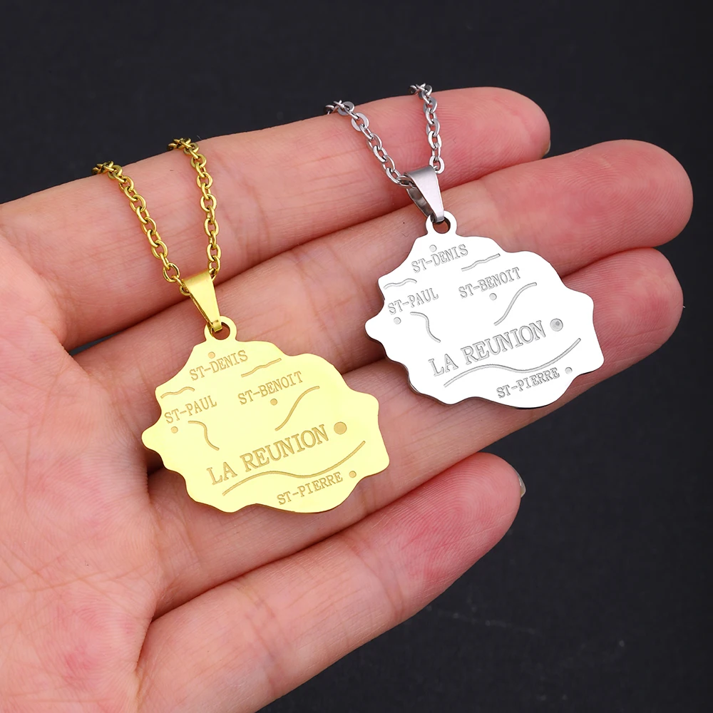 France Reunion Island Map City Pendant Necklace Stainless Steel Men Women Gold Silver Color l\'île de la Réunion Jewelry Gift