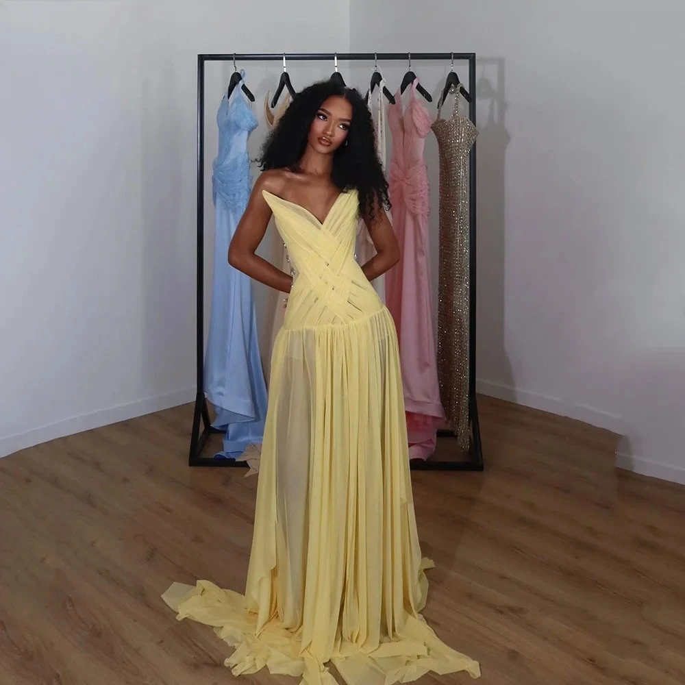 

Yellow Chiffon Evening Dress Sweetheart A Line Bone Formal Occasion Dresses Women Beading Prom Party Gowns Customized