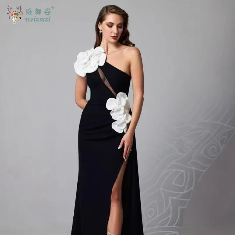 

New Modern Slant Collar Single Shoulder 3D Flower Evening Dress Sexy Hollow Mesh Perspective Formal Social Evening Dress