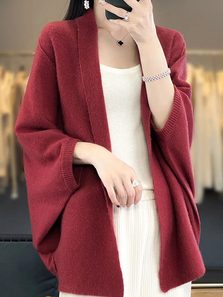 Fashion Women Sweater Shawl 100% Merino Wool Cardigan Batwing Sleeve Loose Cashmere Autumn Winter Soft Chic Knitted Clothes Tops