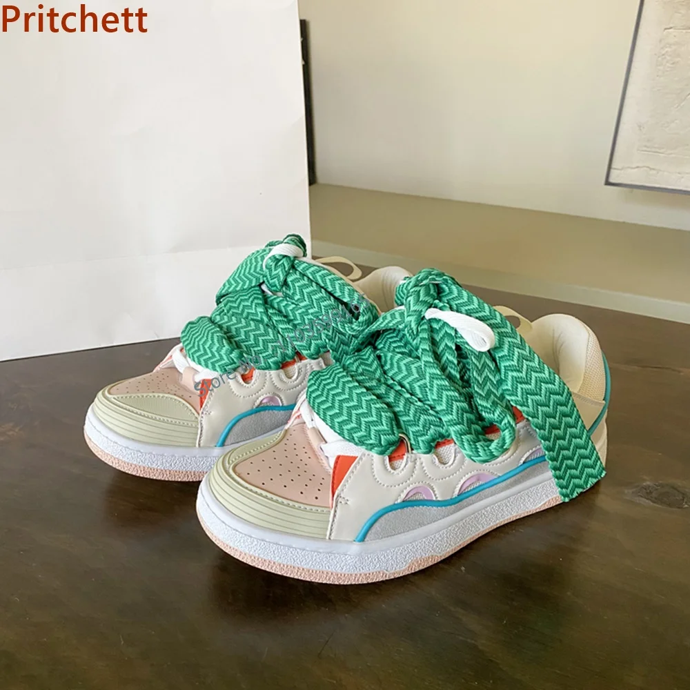 Round Toe Patchwork Sneakers Cross Lace Up Chunky Heels High Increasing Shoes Mixed Color Breathable Flat with Sports Shoes