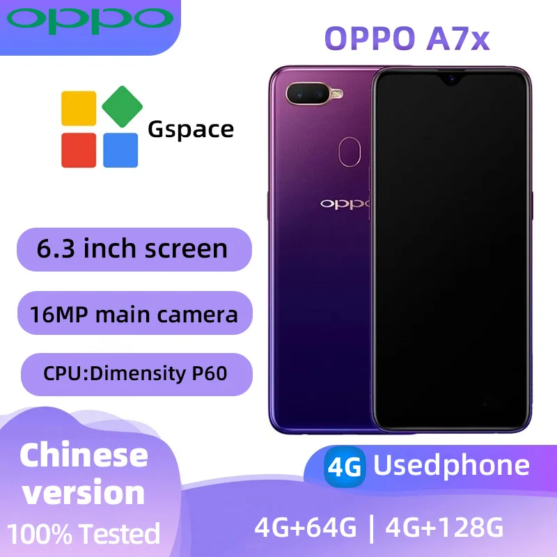 oppo A7x 4G Android CPU MediaTek Dimensity P60 6.3 inches SmartPhone Screen ROM 64GB/128GB 3500mAh Charge 16MP Camera used phone