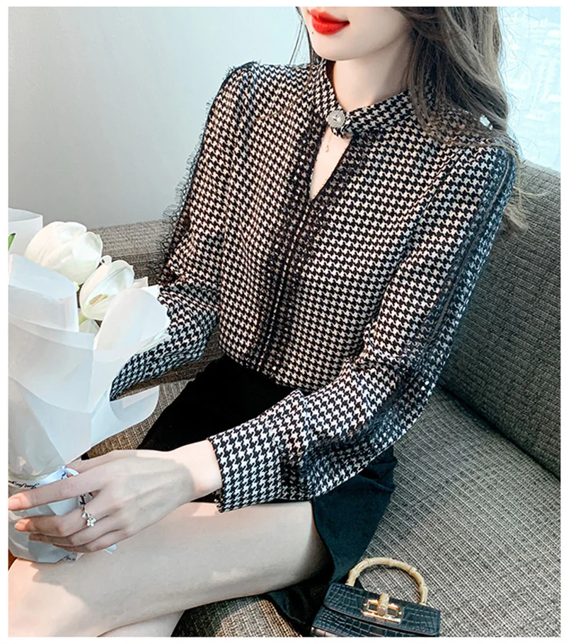 FANIECES High Quality Women Blouses Pullover Tops Elegant Stand Collar Vintage Houndstooth Print Long Sleeve Chiffon Lace Shirt